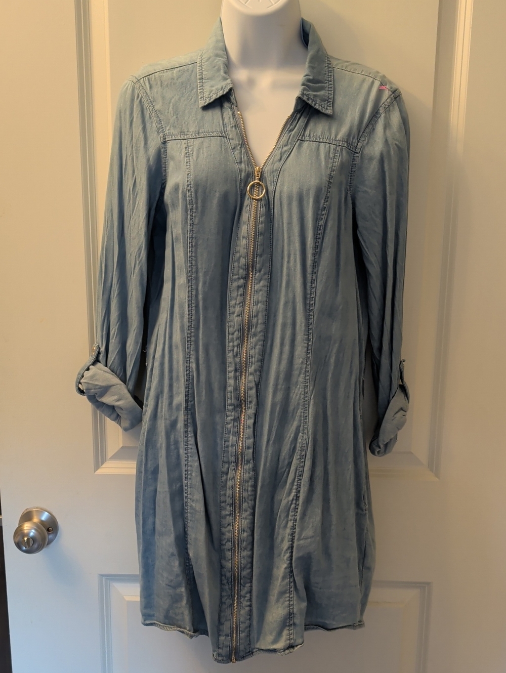 Guess Light Blue Denim Zip-Front Long-Sleeve Shirt Dress